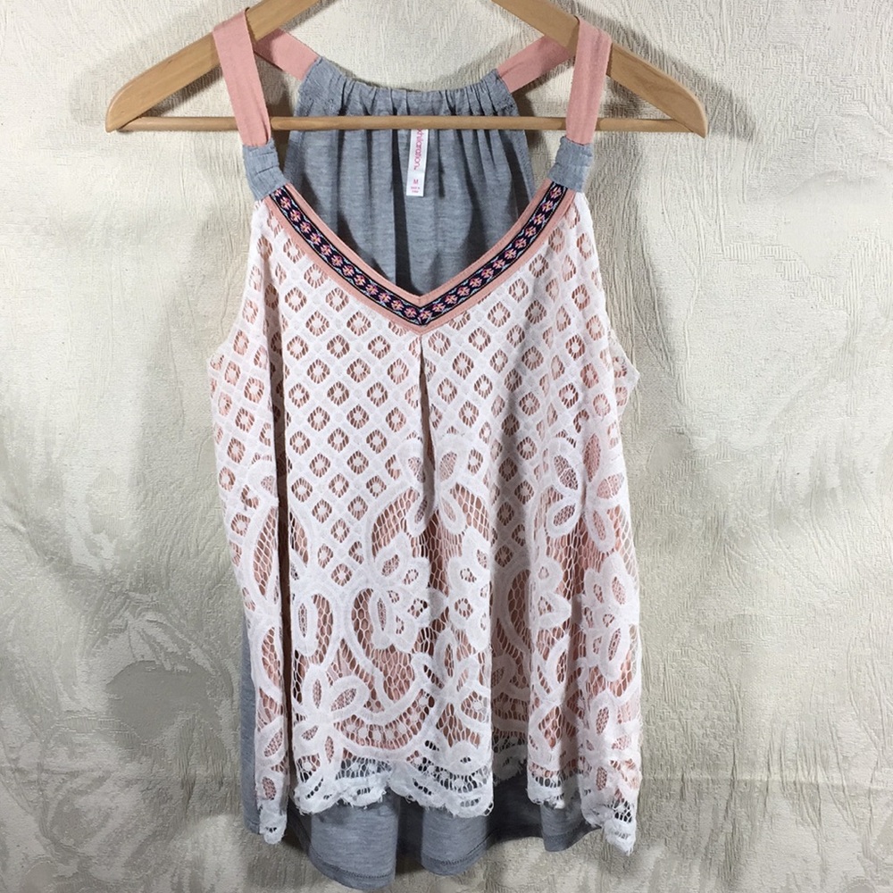 xhilaration razor back tank lace overlay pink gray